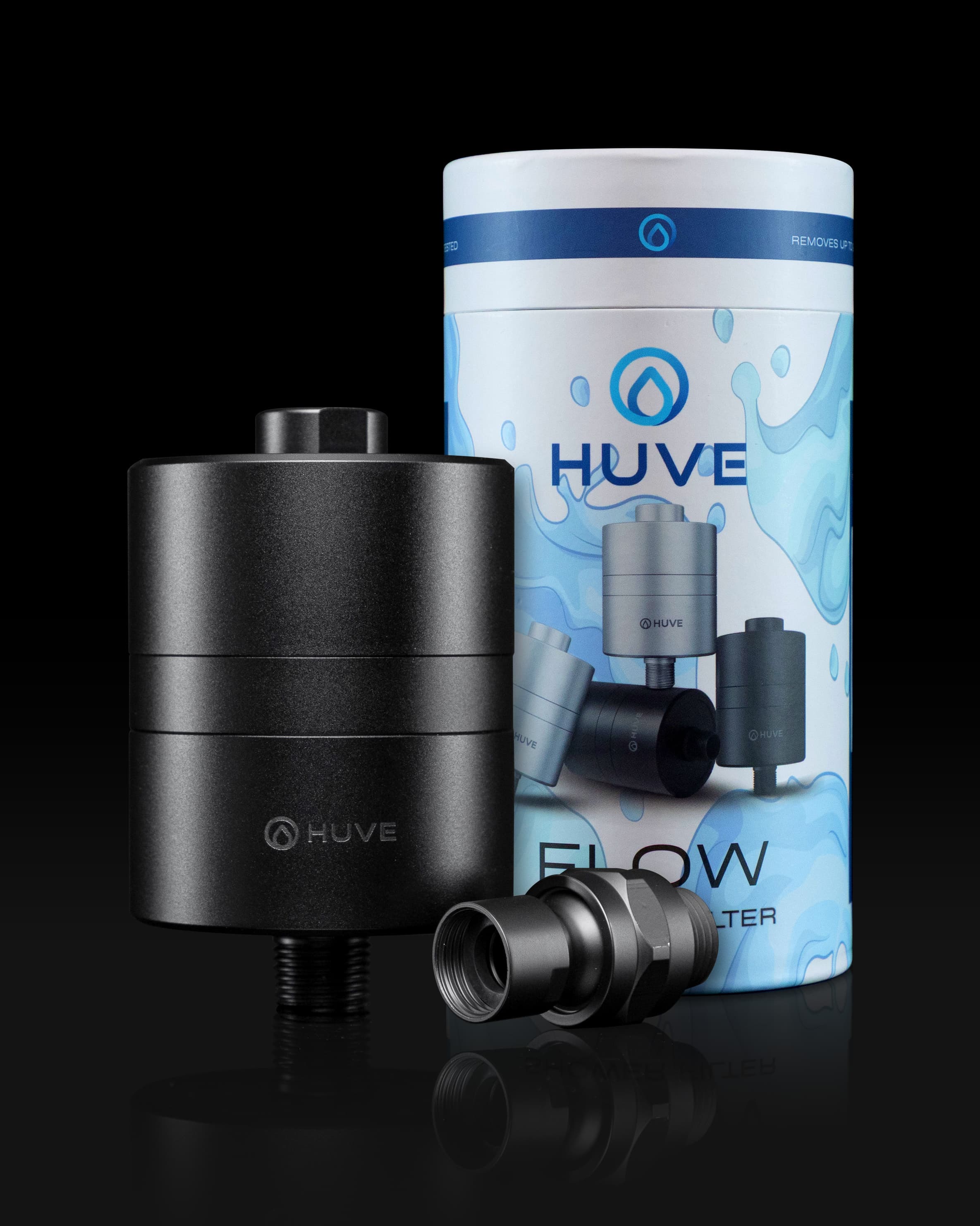 HUVE Flow black filter with packaging on a black background