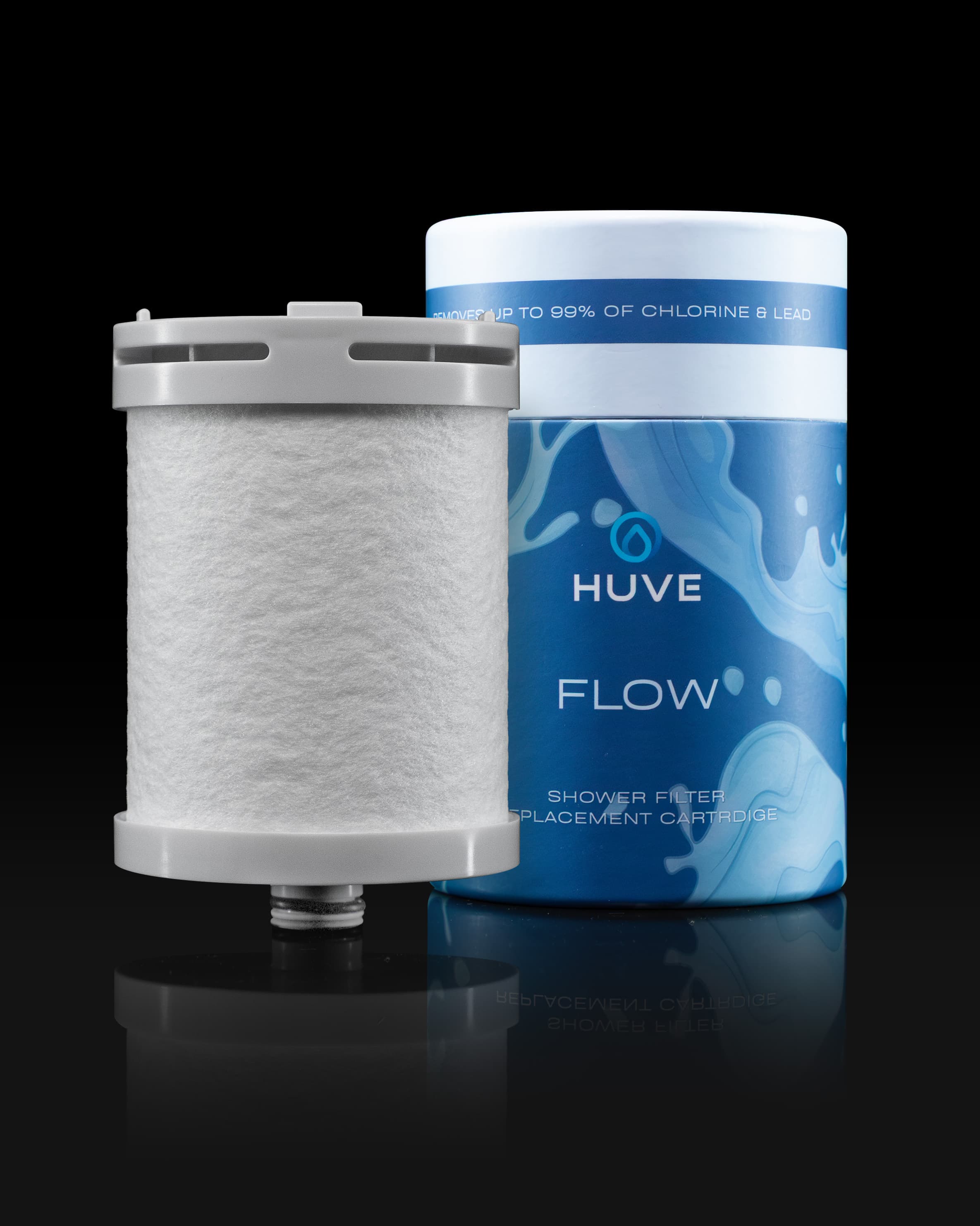 HUVE replacement filter with packaging on a black background