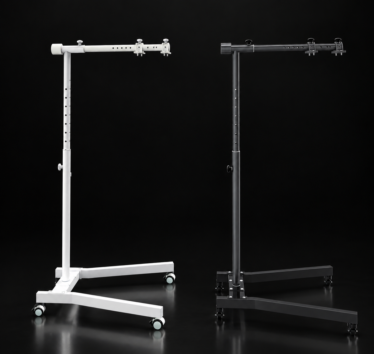 HUVE LUMA Premium Adjustable Floor Stand shown in White and Black on dark background. Suitable for HUVE LUMA Restore Max and Revive Max