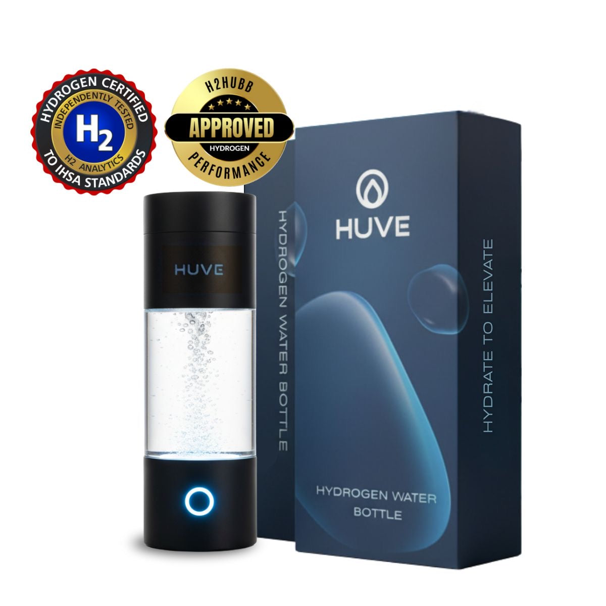 HUVE Perform Hydrogen Water Bottle in Matte Black with up to 6.07ppm hydrogen. 3d Party Independent Certification by H2 Analytics and H2HUBB. High performance, Tritan Bottle. Best Hydrogen Water Bottle and great value for money.