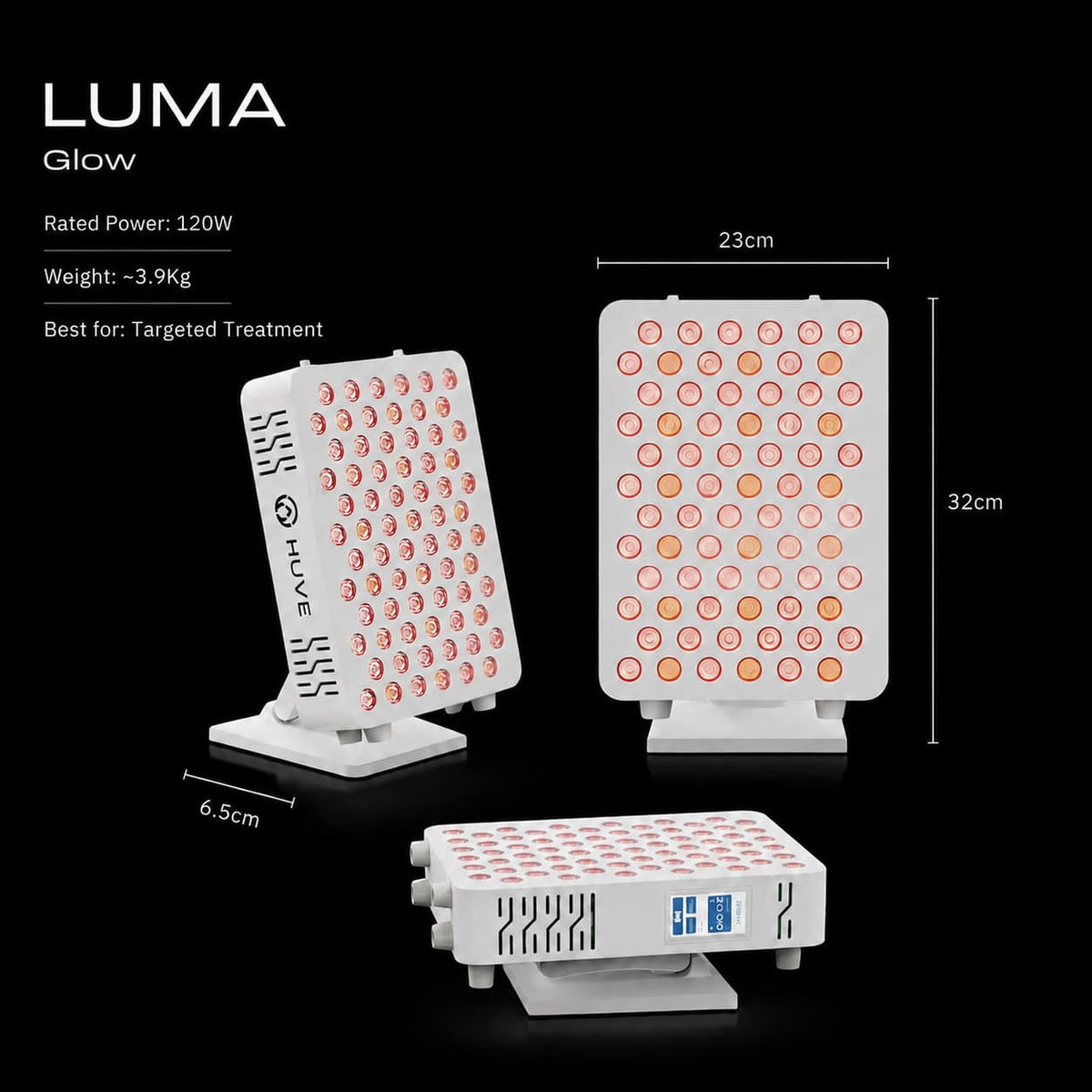 LUMA Glow LED light therapy panel set shown on a black background with dimension labels.