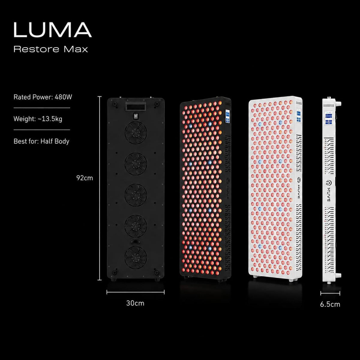 LUMA Restore Max LED light therapy panel set shown on a black background with dimensions and specs.
