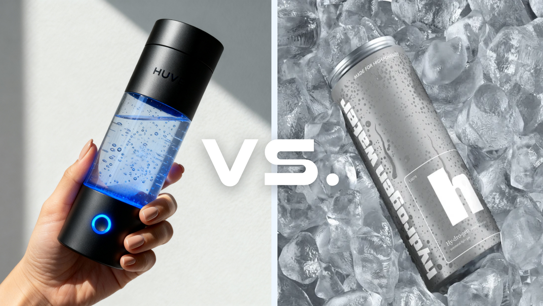 Banner image of the black huve perfrom held by a hand, side by side with a single Hydrogen Water H2o can surrounded by ice