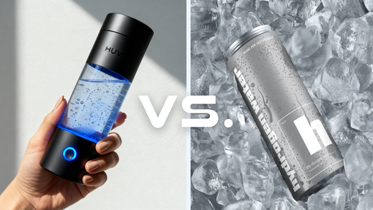 Banner image of the black huve perfrom held by a hand, side by side with a single Hydrogen Water H2o can surrounded by ice