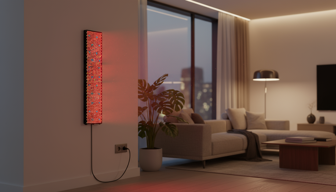Red light panel plugged in and hung on a lounge room wall