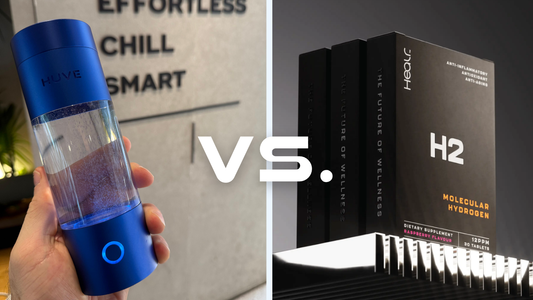 banner image of blue huve perform bottle side by side with Healr H2 tablet packet