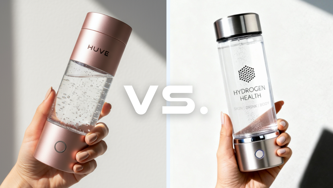 Side-by-side comparison of the rose pink HUVE Perform bottle and the glass Hydrogen Health Bottle