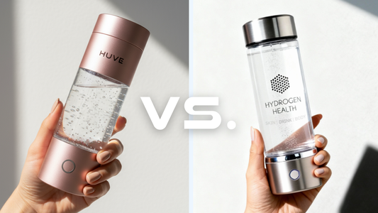 Side-by-side comparison of the rose pink HUVE Perform bottle and the glass Hydrogen Health Bottle