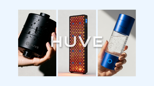 banner image of the HUVE flow shower filter, black huve luma panel, blue huve perform bottle.