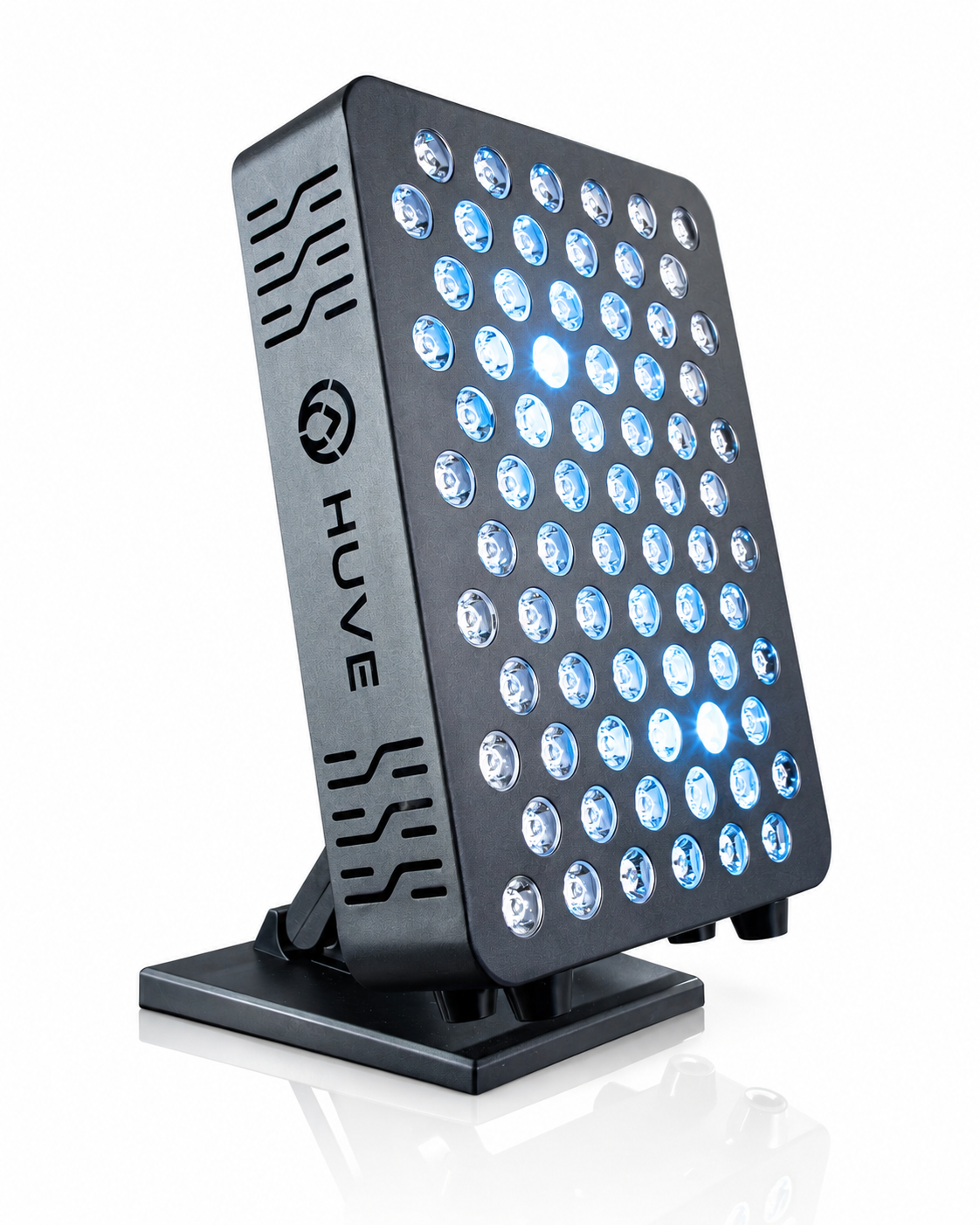 Black HUVE LUMA glow LED light panel with Blue LEDs on a white background. 480nm