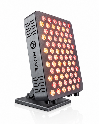 Black HUVE LUMA glow LED light panel with RED and Yellow LEDs on a white background. 9 wavelengths