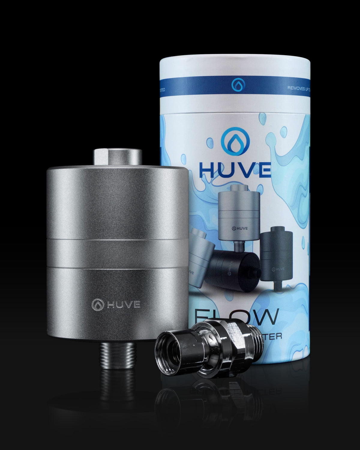 HUVE Flow filter with packaging on a black background