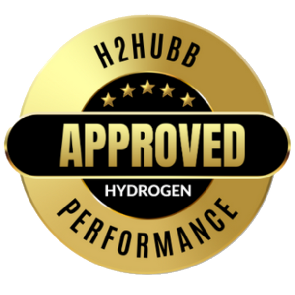 Gold badge with 'H2HUBB Approved Hydrogen Performance' text on a white background
