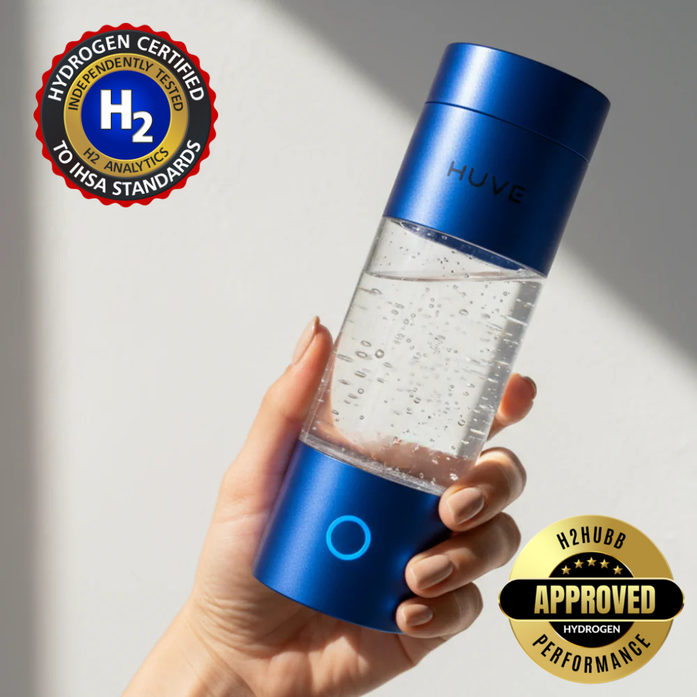 HUVE Perform Hydrogen Water Bottles in Cobalt Blue for Smarter Hydration and Faster Recovery. 3rd party certified by H2 Analytics to ITSA Standards and H2HUBB for Performance up to 6.07ppm