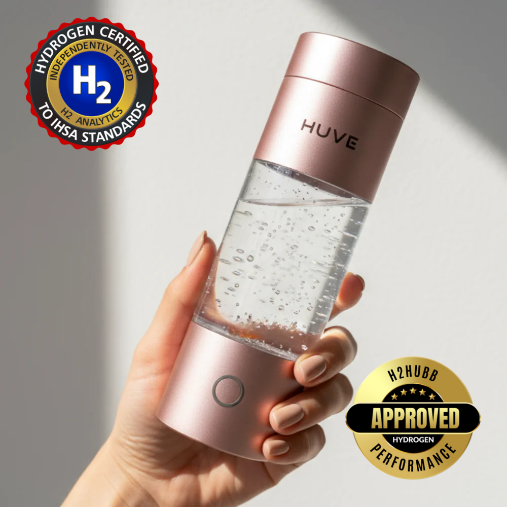 HUVE Perform Hydrogen Water Bottles in Rose Pink for Smarter Hydration and Faster Recovery. 3rd party certified by H2 Analytics to ITSA Standards and H2HUBB for Performance up to 6.07ppm