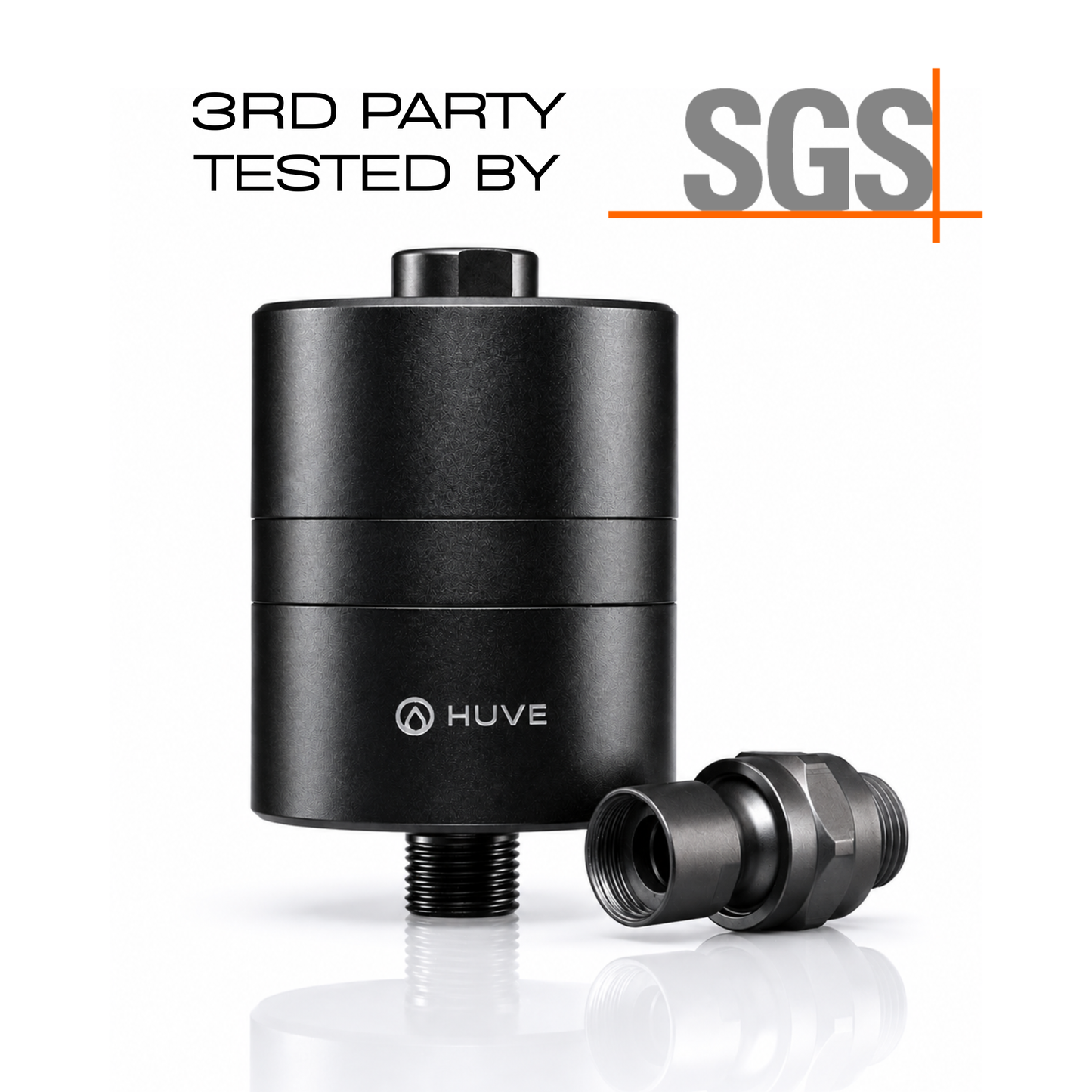 HUVE Flow Black Premium 20 stage Shower Filter and adapter on white background. 3rd party tested by SGS