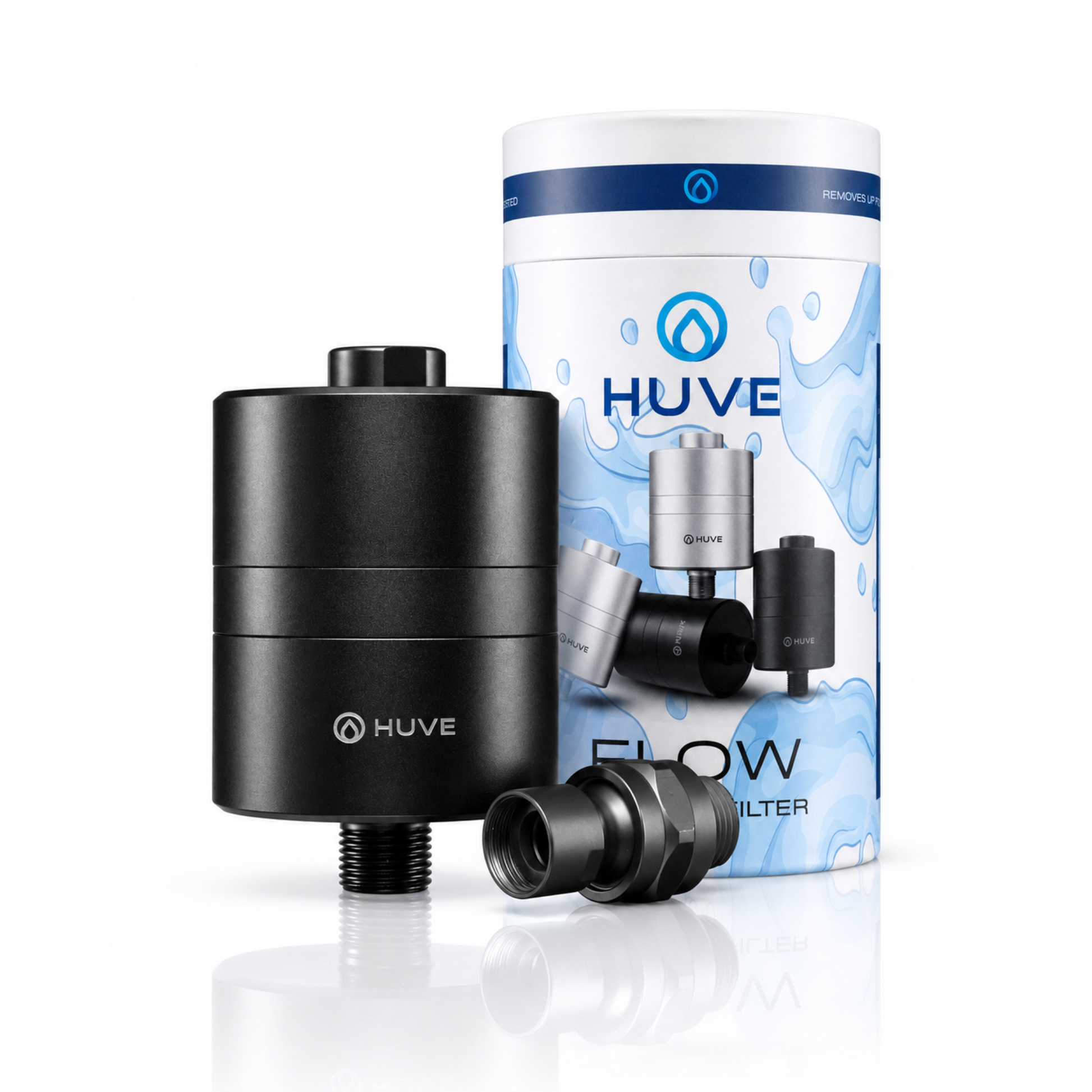 HUVE Flow Black Premium 20 stage Shower Filter with box and adapter on white background. HUVE Shower Filters are 3rd party SGS tested.