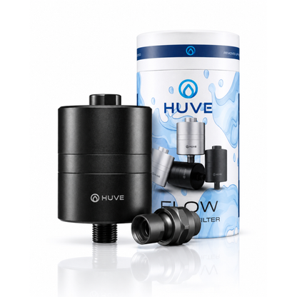 HUVE Flow Black Premium 20 stage Shower Filter with box and adapter on white background. HUVE Shower Filters are 3rd party SGS tested.