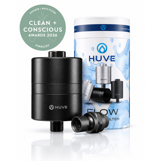 HUVE Flow Black Premium 20 stage Shower Filter with box and adapter on white background. Clean + Conscious Awards 2026 Finalist