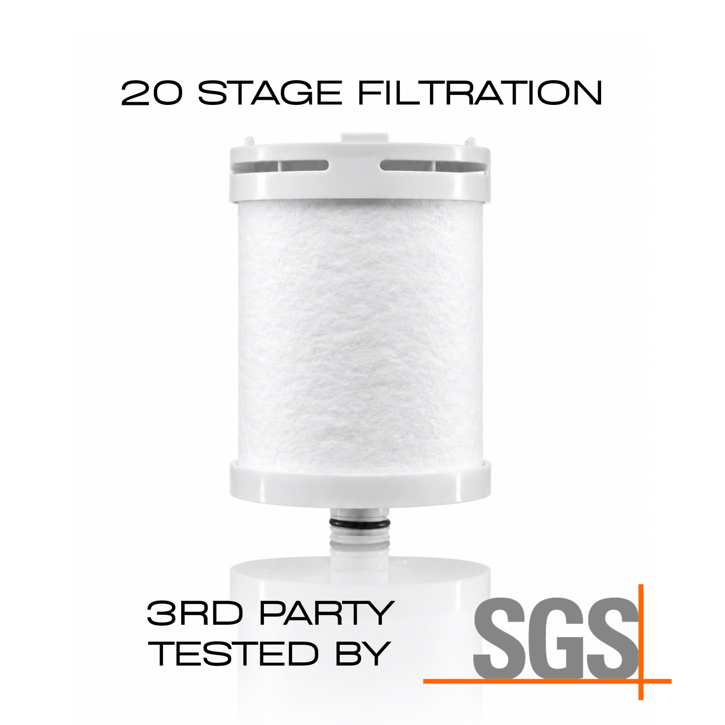 HUVE Flow Premium 20 stage Shower Filter Replacement Cartridge on white background. 3rd party SGS tested.