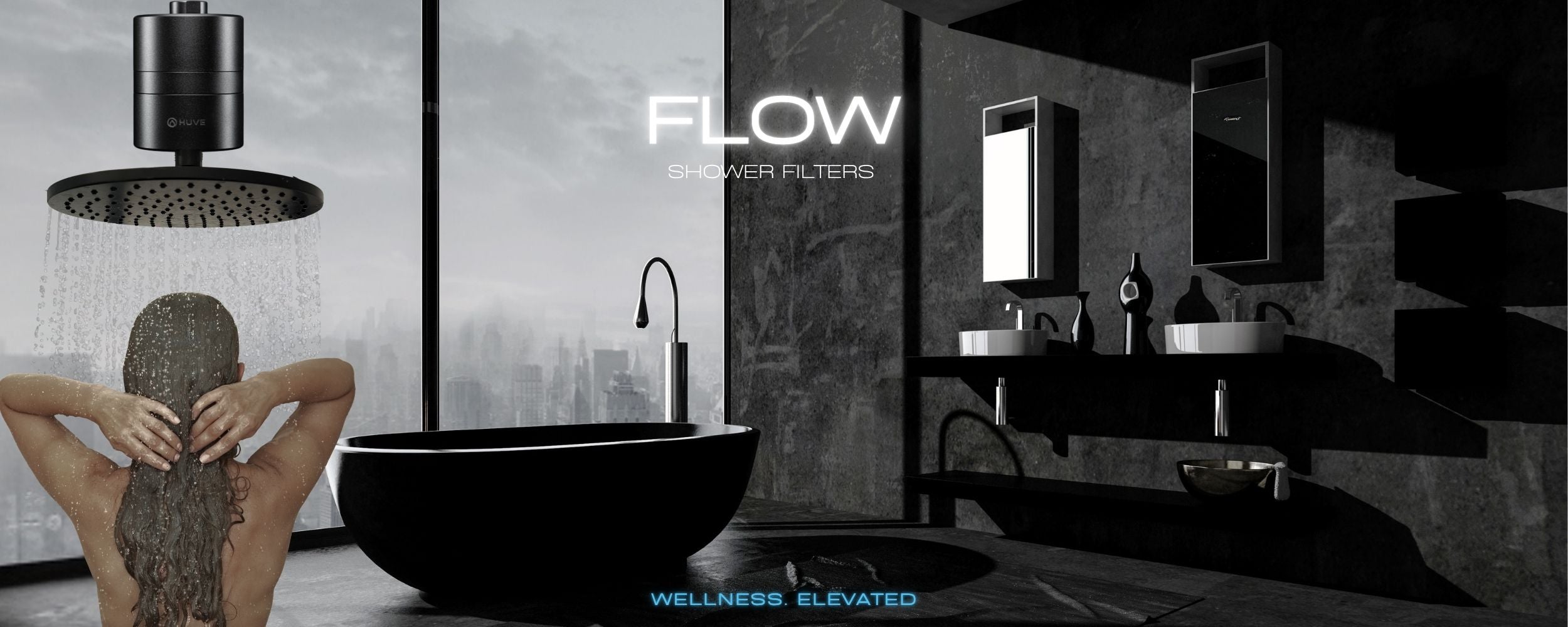 Black HUVE Flow Shower Filter in Dark Modern Bathroom 