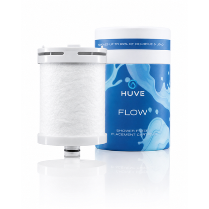 HUVE Flow Premium 20 stage Shower Filter Replacement Cartridge with box on white background. 