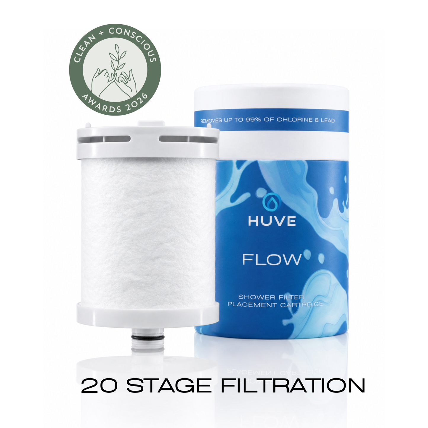 HUVE Flow Premium 20 stage Shower Filter Replacement Cartridge with box on white background. Clean + Conscious Awards 2026 Finalist