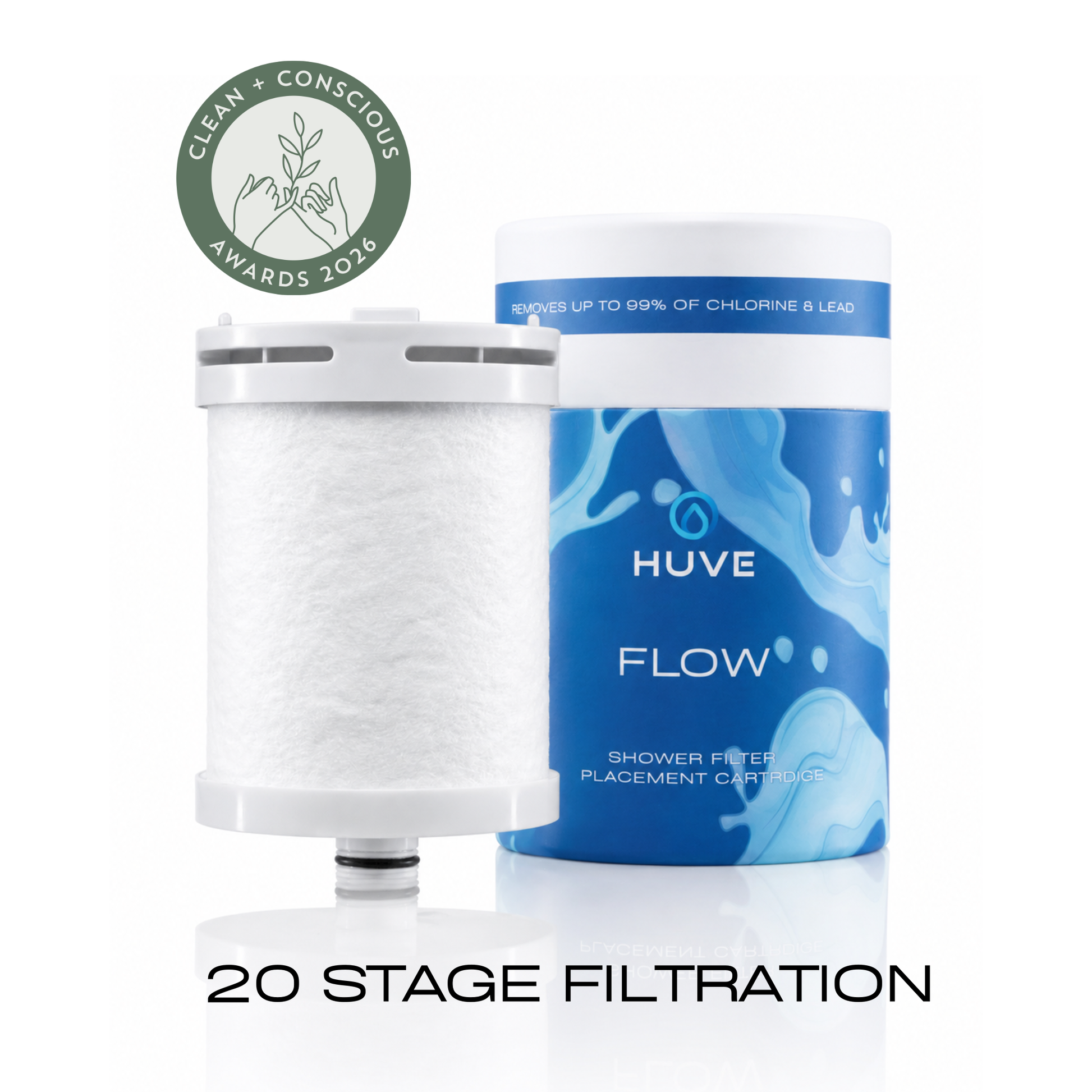 HUVE Flow Premium 20 stage Shower Filter Replacement Cartridge with box on white background. Clean + Conscious Awards 2026 Finalist