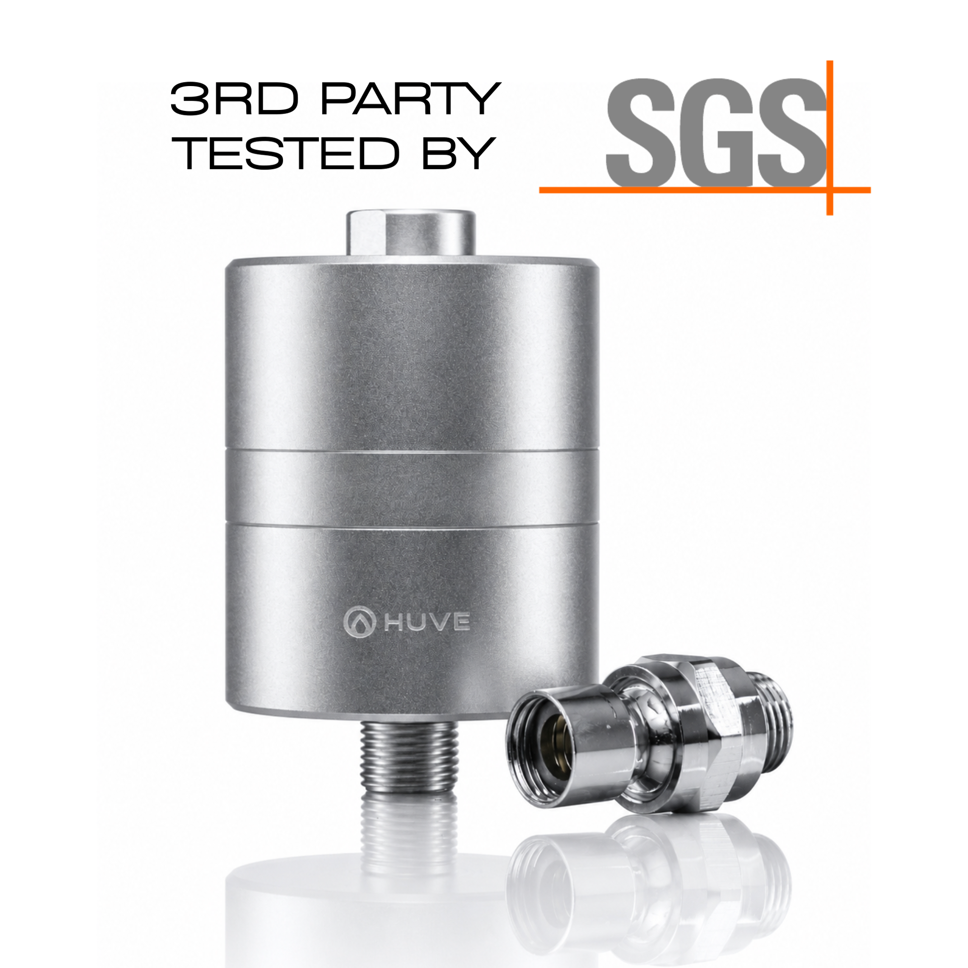 HUVE Flow Silver Premium 20 stage Shower Filter and adapter on white background. 3rd party tested by SGS