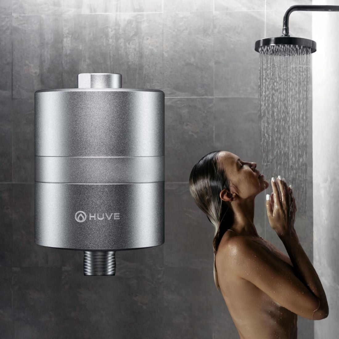 Silver HUVE Flow Shower Filter in shower 