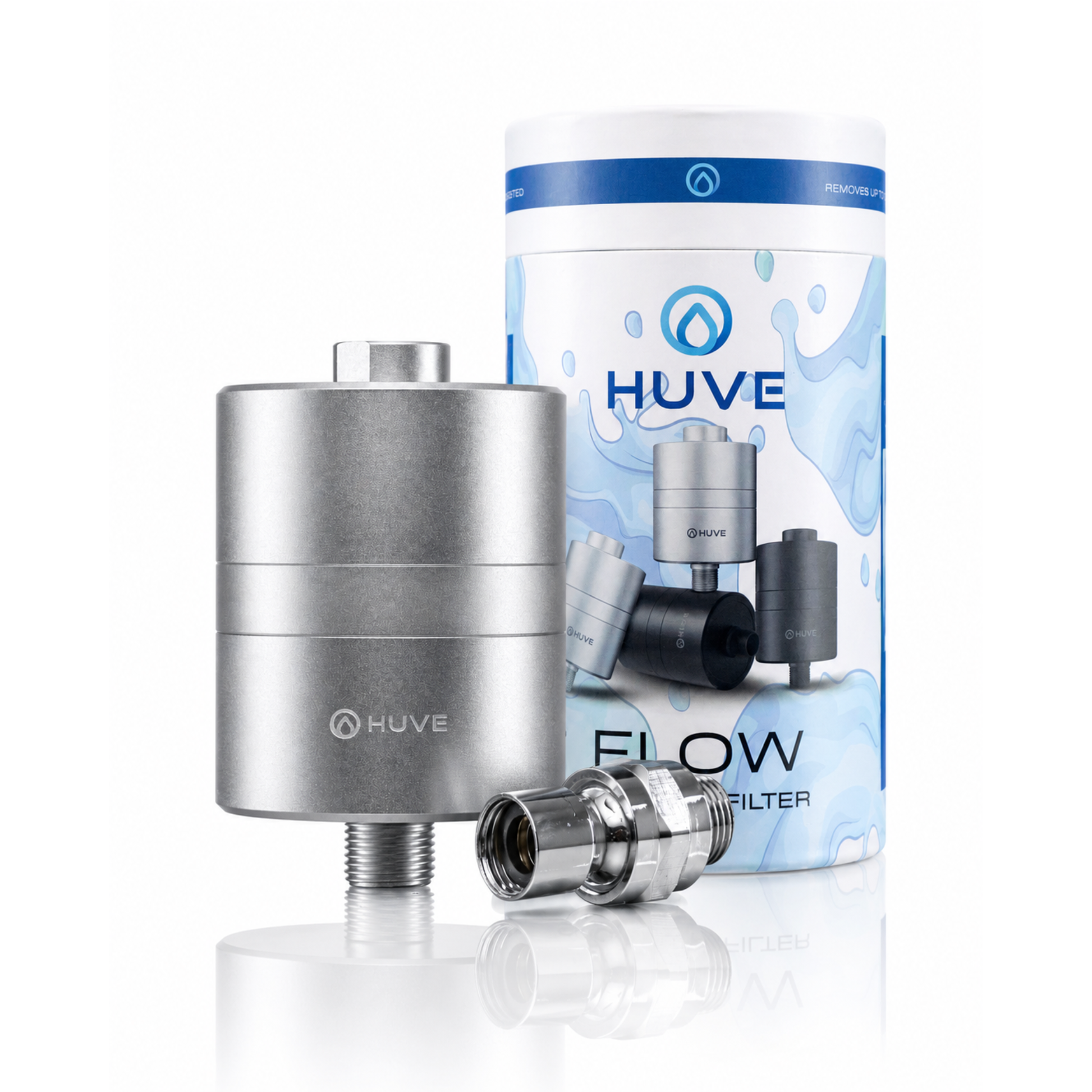 HUVE Flow Silver Premium 20 stage Shower Filter with box and adapter on white background. HUVE Shower Filters are 3rd party SGS tested.