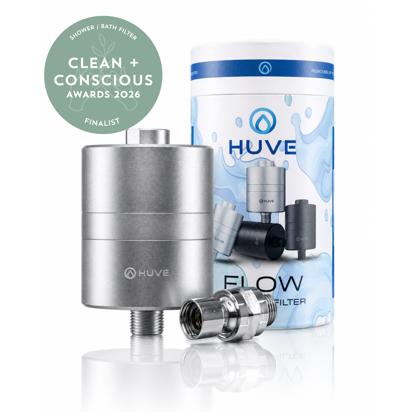 HUVE Flow Silver Premium 20 stage Shower Filter with box and adapter on white background. Clean + Conscious Awards 2026 Finalist