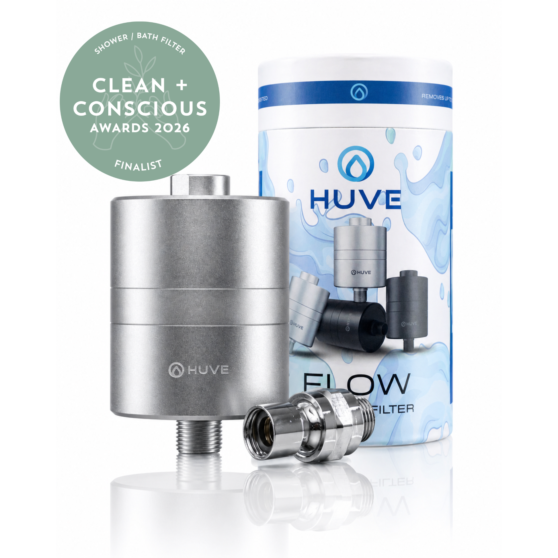 HUVE Flow Silver Premium 20 stage Shower Filter with box and adapter on white background. Clean + Conscious Awards 2026 Finalist