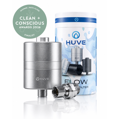 HUVE Flow Silver Premium 20 stage Shower Filter with box and adapter on white background. Clean + Conscious Awards 2026 Finalist