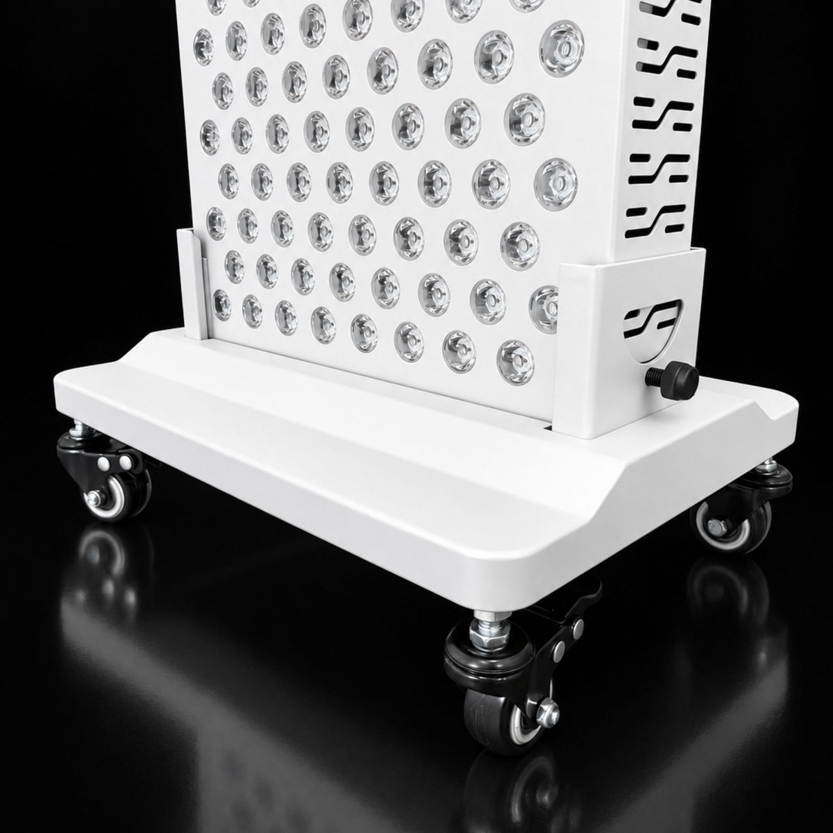 Close up of the HUVE LUMA Dolly Stand in White on a 45 Degree Angle facing Left