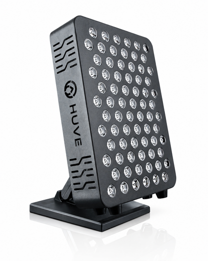 Black HUVE LUMA glow LED light panel with 'HUVE' branding on a white background. 9 wavelengths