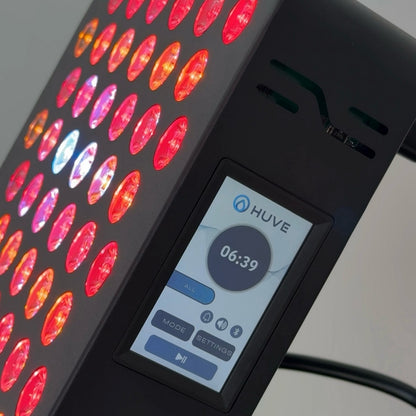 HUVE LUMA Glow (Black) Premium Red Light Therapy Panel with 9 therapeutic wavelengths close up shot of the LCD touch screen
