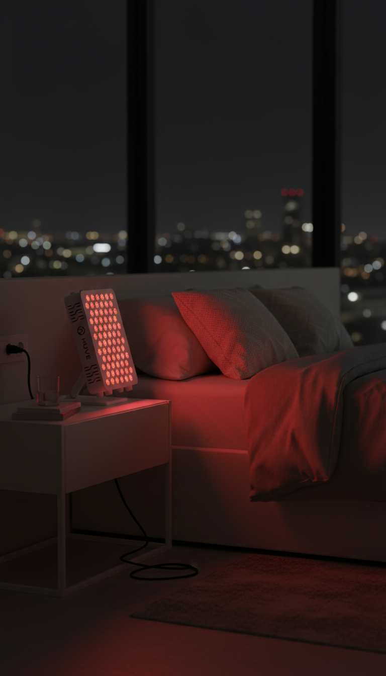 huve luma Red light therapy lamp on a nightstand next to a bed with cityscape view