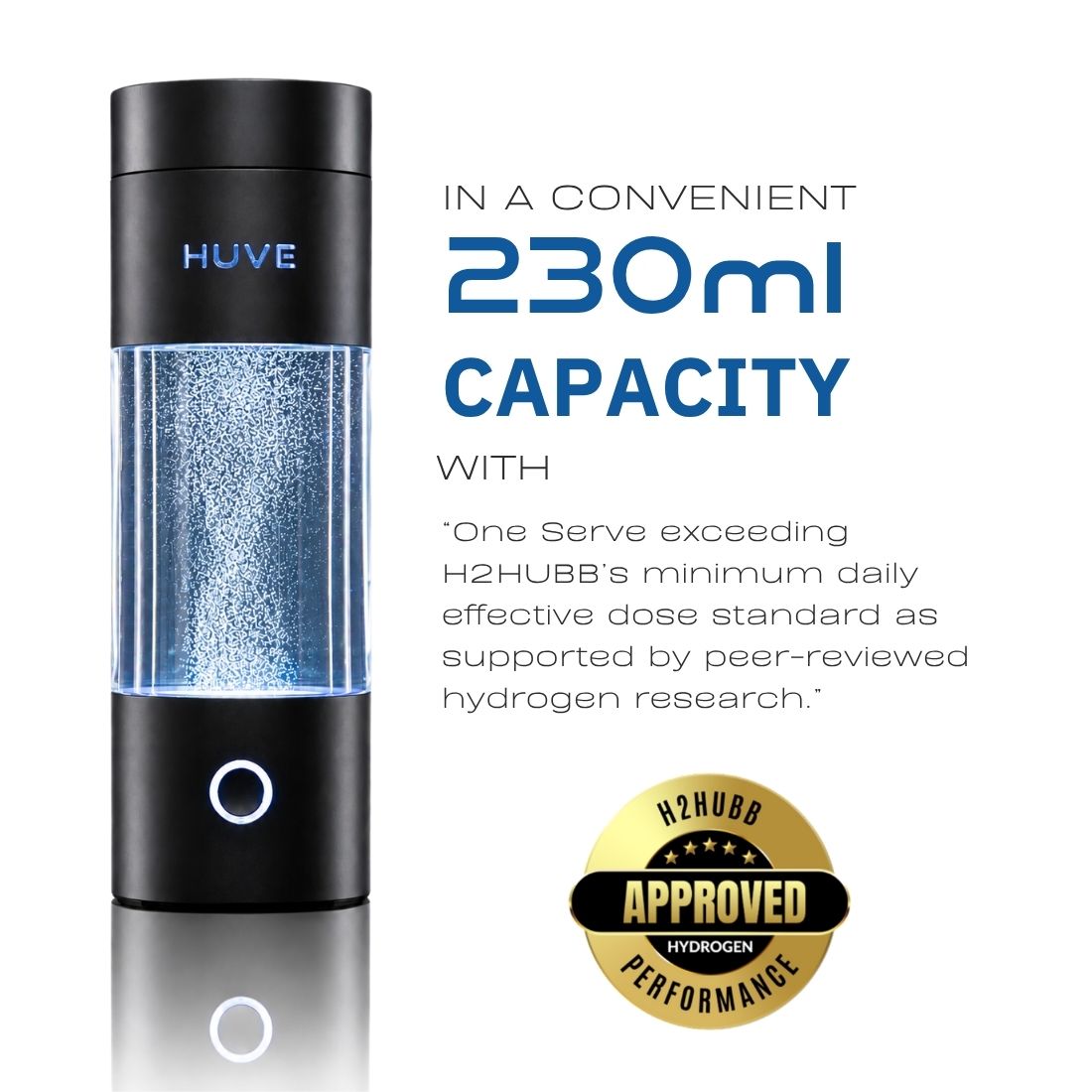 Black HUVE Perform hydrogen water bottle on a white background. One serve exceeds H2HUBB effective dose standards