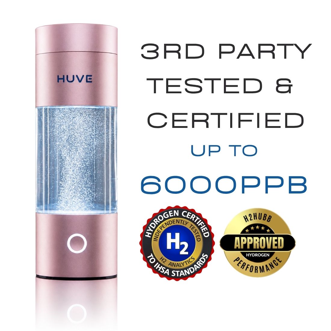 Rose gold HUVE Perform hydrogen water bottle with 3rd party testing certification logos H2 Analytics and H2HUBB on a white background