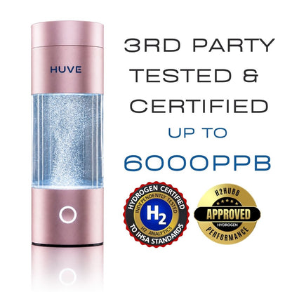 Rose gold HUVE Perform hydrogen water bottle with 3rd party testing certification logos H2 Analytics and H2HUBB on a white background