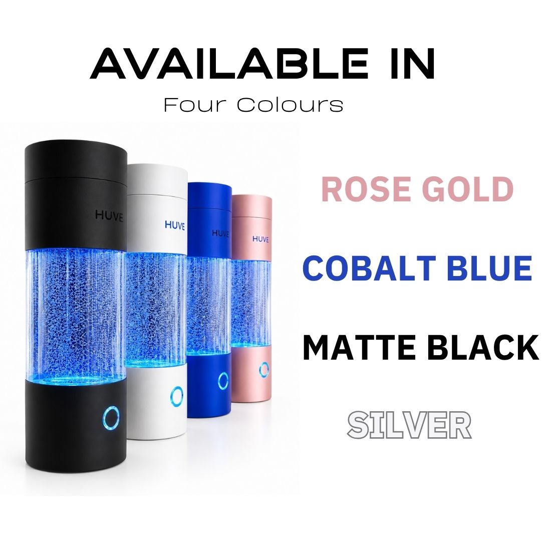 HUVE Perform hydrogen water bottle available in four colours with text indicating color options on a white background.