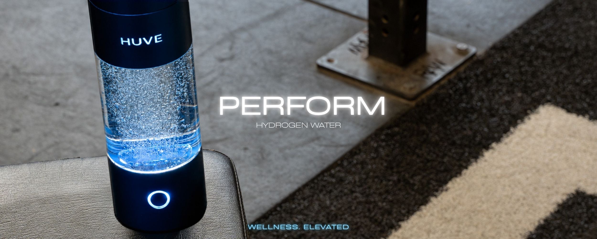 HUVE Perform Main Banner featuring Black HUVE Perform Hydrogen Water Bottle