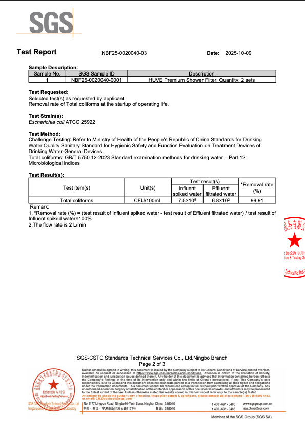 huve flow, sgs tested, coliforms results, 99.91% removal of coliforms