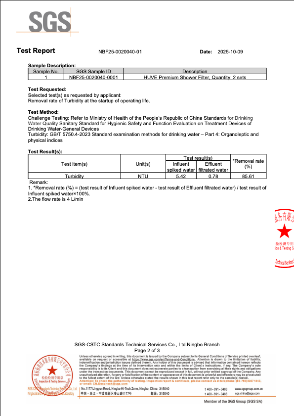 huve flow, sgs tested, turbidity results, 85.61% removal of turbidity