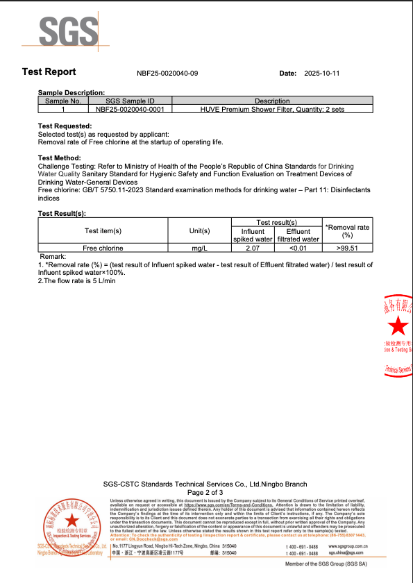 SGS test report for HUVE flow Shower Filter with test results and SGS logo.