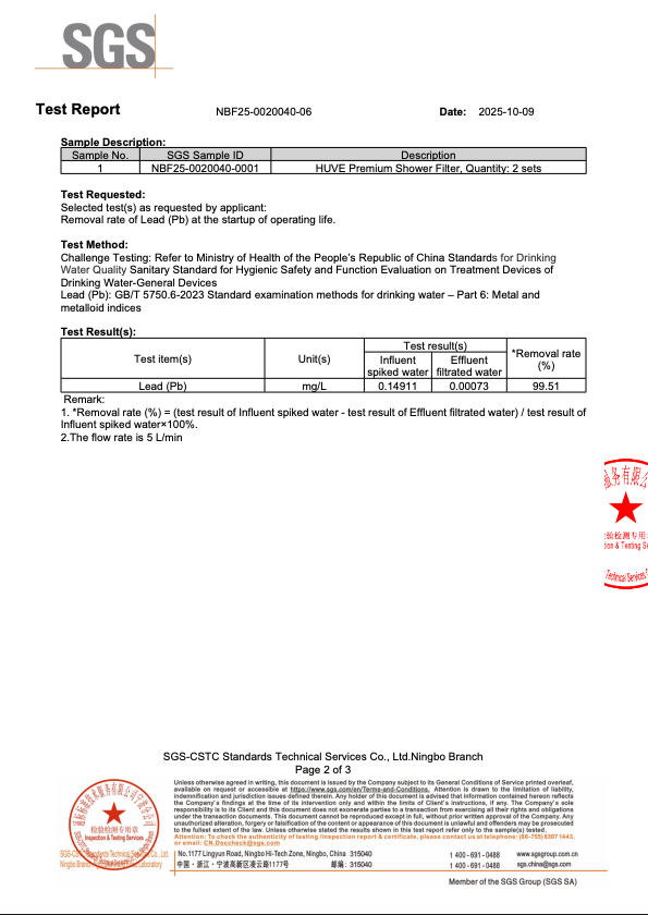 SGS test report for HUVE Flow Shower Filter for lead with test results and SGS logos.