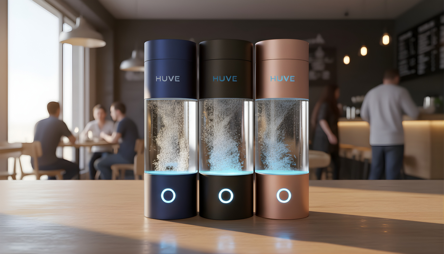 Three huve perform bottles in blue, black, and pink on a table in a cafe