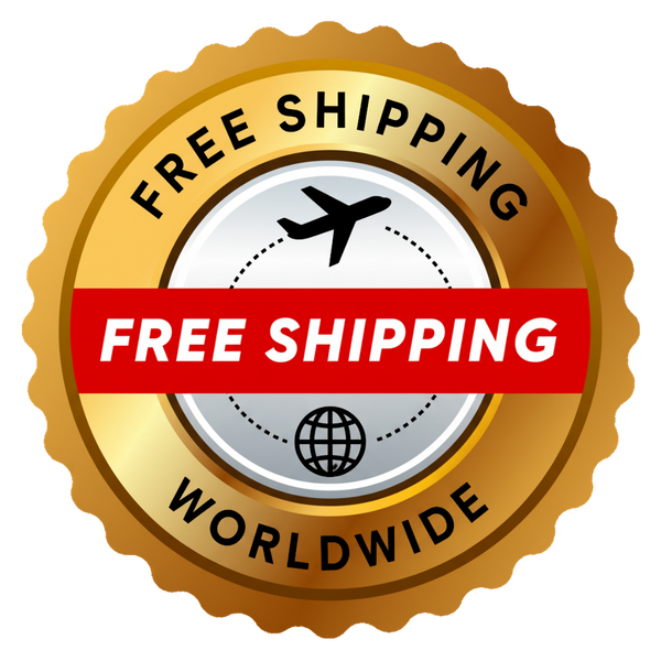 Free shipping badge with gold border, red banner, and airplane and globe icons on a white background.