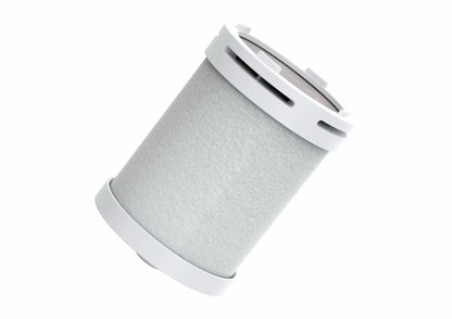 Angled view of HUVE Flow shower filter replacement cartridge showing cylindrical design